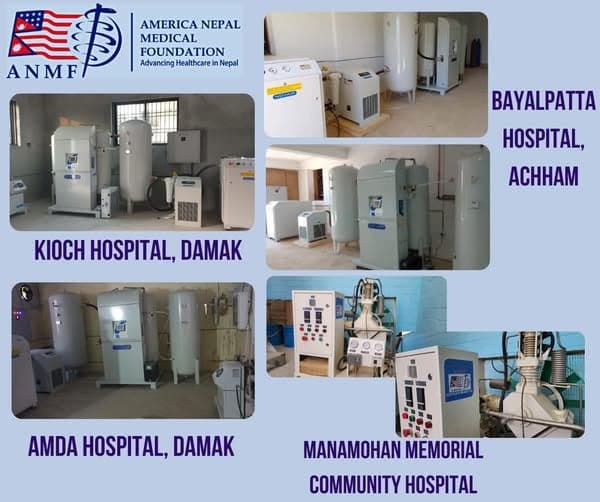 Composite photograph of four hospital plant rooms with installed oxygen generators, receiver tanks and control panels, captioned with the hospital names.