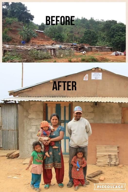 A before-and-after pair of photographs: a hillside of collapsed timber and corrugated sheeting above, and below a family of five outside a completed house with a plaque by the door